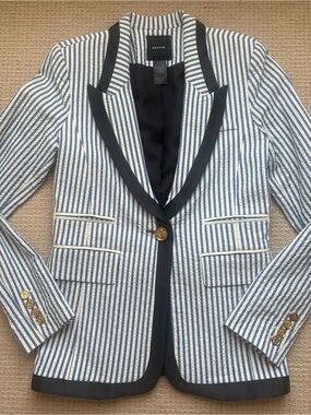 Smythe Navy & White Striped Searsucker Blazer with Black Satin Trim